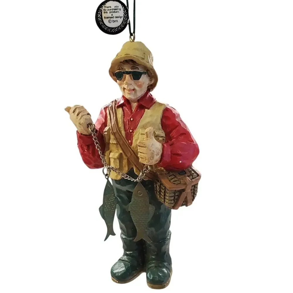 Vintage Fisherman Christmas Ornament Wood Hand Carved NEW OS Grandpa Dad